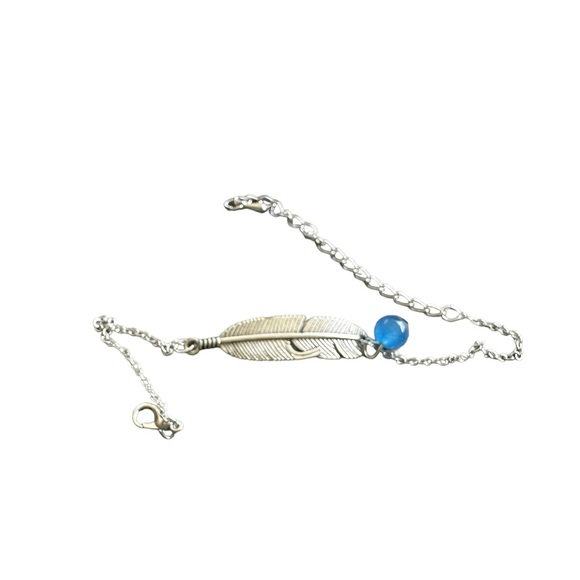 Silver Feather Design Anklet with Blue Bead Accent - Picture 3 of 5